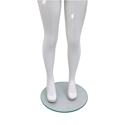 Child’s Fiberglass Egg Head Display Mannequin 116cm Gloss White with Glass Stand, full-height product view on a white background, brightly lit product image