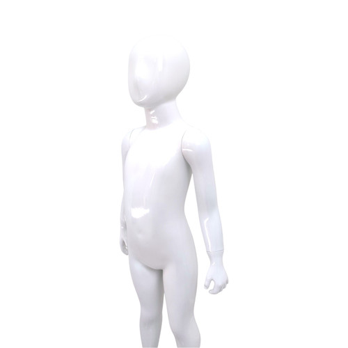 Child’s Fiberglass Egg Head Display Mannequin 116cm Gloss White with Glass Stand, full-height product view on a white background, gallery image 16 of 17
