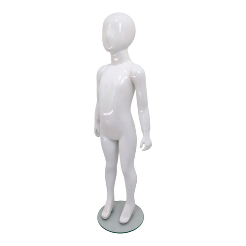 Child’s Fiberglass Egg Head Display Mannequin 116cm Gloss White with Glass Stand, full-height product view on a white background, gallery image 15 of 17