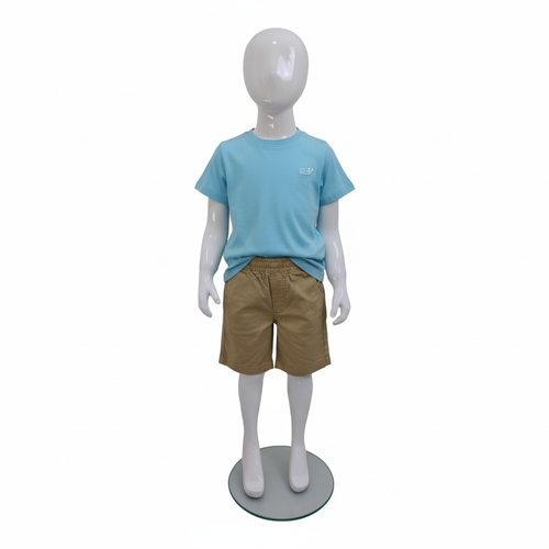 Child’s Fiberglass Egg Head Display Mannequin 116cm Gloss White with Glass Stand, full-height product view on a white background, balanced, centred square layout