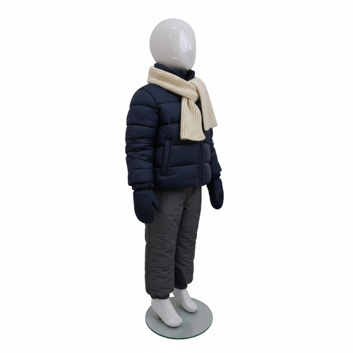 Child’s Fiberglass Egg Head Display Mannequin 116cm Gloss White with Glass Stand, full-height product view on a white background, gallery image 7 of 17