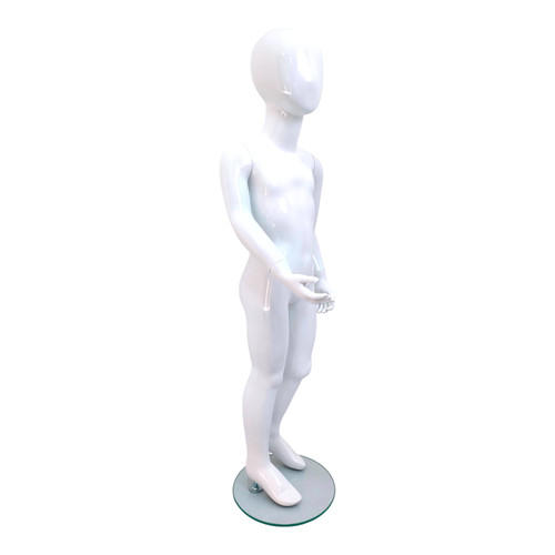 White Child’s Fiberglass Egg Head Display Mannequin 116cm Gloss with Glass Stand