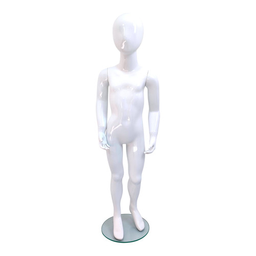 White Child’s Fiberglass Egg Head Display Mannequin 116cm Gloss with Glass Stand, gallery image 13 of 17
