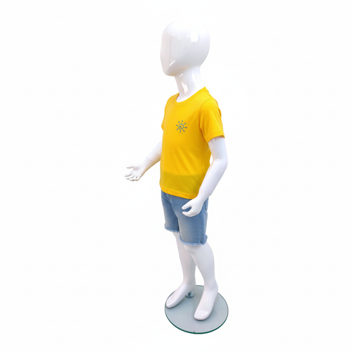 White Child’s Fiberglass Egg Head Display Mannequin 116cm Gloss with Glass Stand, full-height product photograph