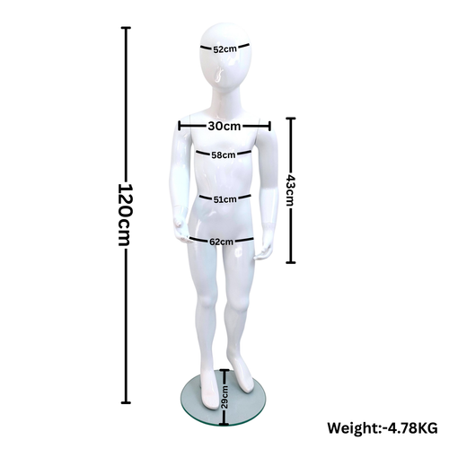 White Child’s Fiberglass Egg Head Display Mannequin 116cm Gloss with Glass Stand, balanced, right-balanced square layout