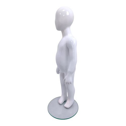 Child’s White Fiberglass Egg Head Display Mannequin 86cm Gloss with Glass Stand, full-height product view on a white background, gallery image 12 of 15
