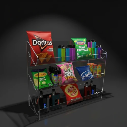 Clear Acrylic 3 Tier Confectionery Display Stand for Candy, Sweets & Chocolate Bars, product shown against a dark background, balanced, centred square layout