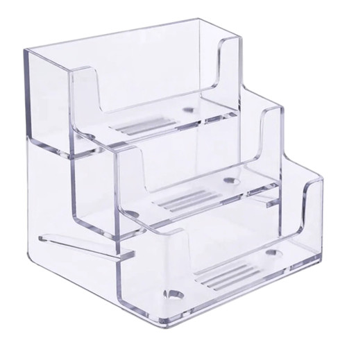 Clear Acrylic 3-Tier Business Card Holder, close product view on a white background, brightly lit product image