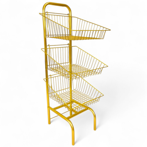 3 Tier Golden Wire Basket Stand, full-height product view on a white background