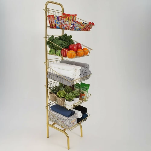 Gold five-tier wire basket display stand stocked with food and household goods