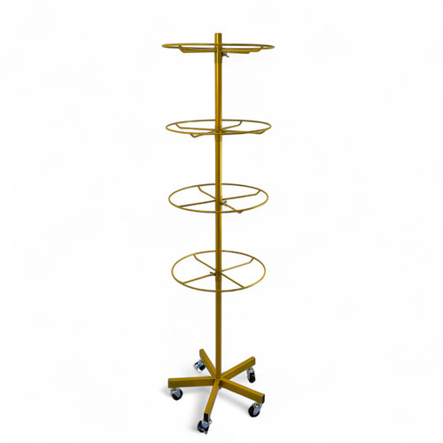 4 Tier Rotating Golden Metal Display Rack for Jewelry, Socks & Lingerie, full-height product view on a white background, brightly lit product image