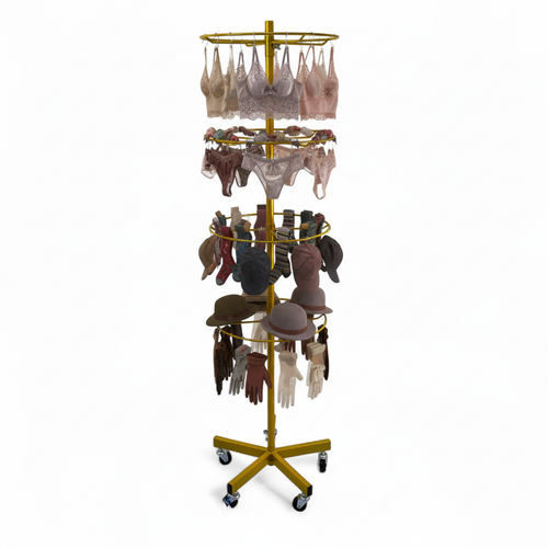 4 Tier Rotating Golden Metal Display Rack for Jewelry, Socks & Lingerie, full-height product view on a white background, balanced, centred square layout