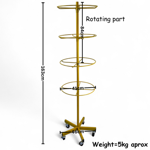 4 Tier Rotating Golden Metal Display Rack for Jewelry, Socks & Lingerie, dimension guide against a coloured background