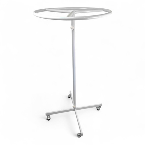 White Circular Clothes Rail Stand 360° Adjustable Height Retail Display Rack, full-height product view on a white background, full-height product photograph