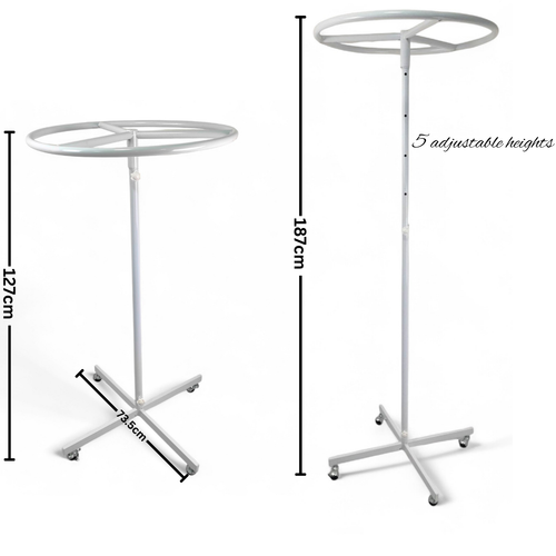 White Circular Clothes Rail Stand 360° Adjustable Height Retail Display Rack