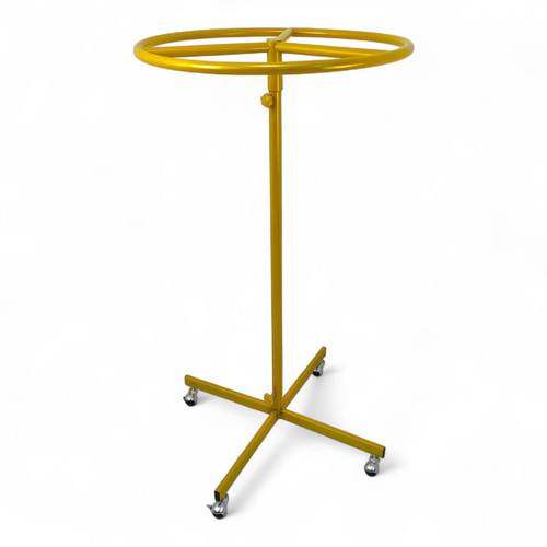 Golden Circular Clothes Rail Stand 360° Adjustable Height Retail Display Rack, full-height product view on a white background, balanced, centred square layout