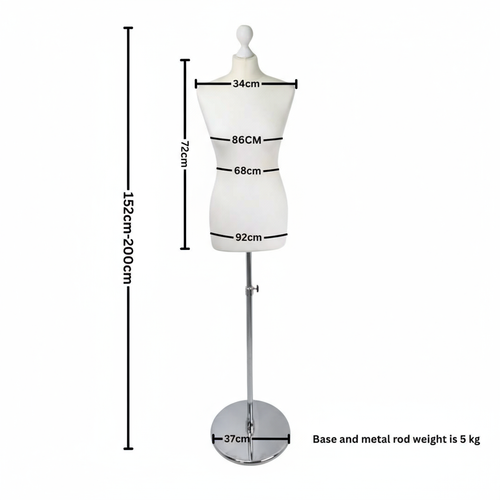 Female Display Bust Tailors Dummy–Adjustable Height,Cream Torso with Chrome Base