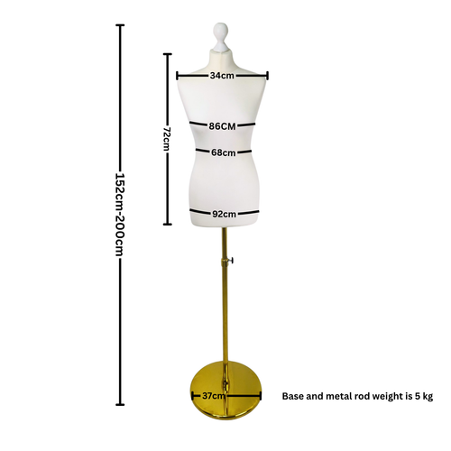 Female Display Bust Tailors Dummy –Adjustable Height, Cream Torso with Gold Base