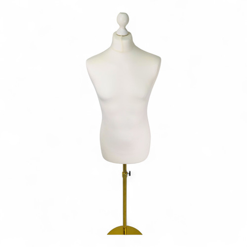 Male Display Bust Tailors Dummy – Adjustable Height, Cream Torso with Gold Base