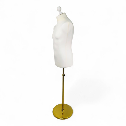 Male Display Bust Tailors Dummy – Adjustable Height, Cream Torso with Gold Base