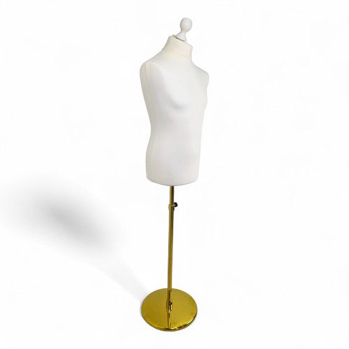 Male Display Bust Tailors Dummy – Adjustable Height, Cream Torso with Gold Base
