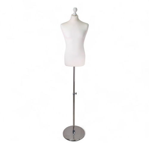 Male Display Bust Tailors Dummy –Adjustable Height, Cream Torso with Chrome Base