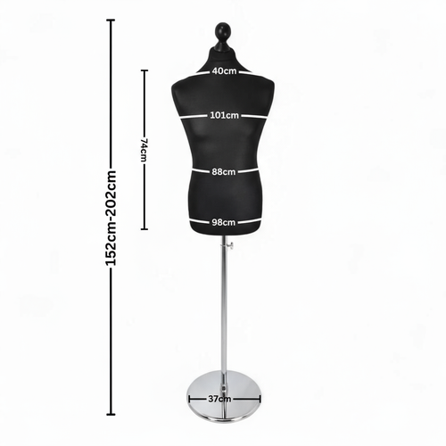 Male Display Bust Tailors Dummy –Adjustable Height, Cream Torso with Chrome Base, balanced, centred square layout