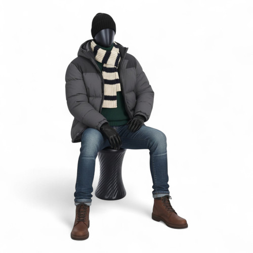 Male Seated Mannequin, full-height product view on a white background