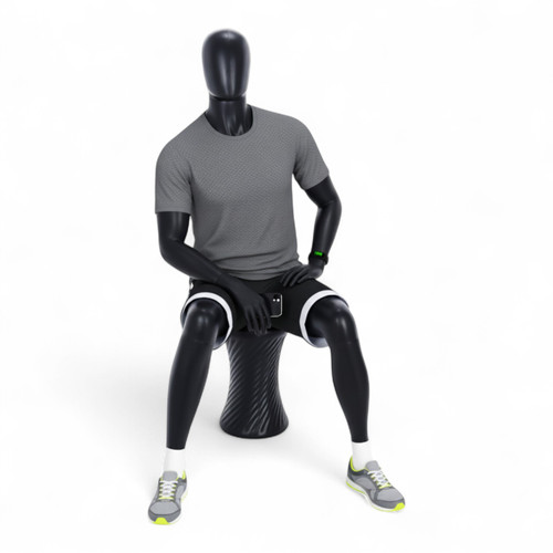Male Seated Mannequin – Egg Head Black Finish – Durable Retail Display with Stool