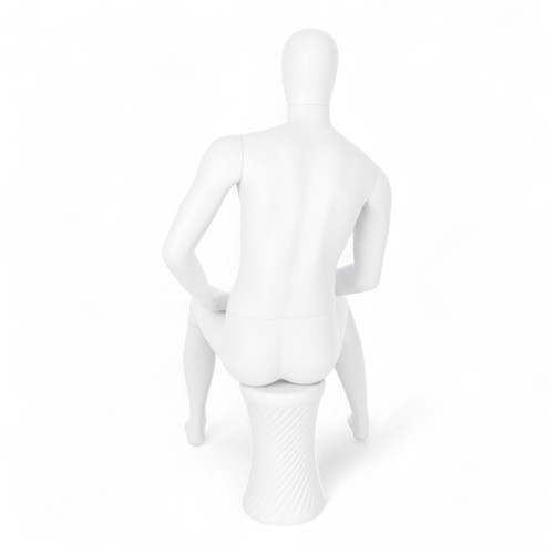 Male Seated Mannequin – Egg Head White Finish – Durable Retail Display with Stool