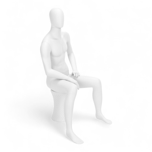 Three-quarter view of the white seated male mannequin facing right, with hands resting on its thighs