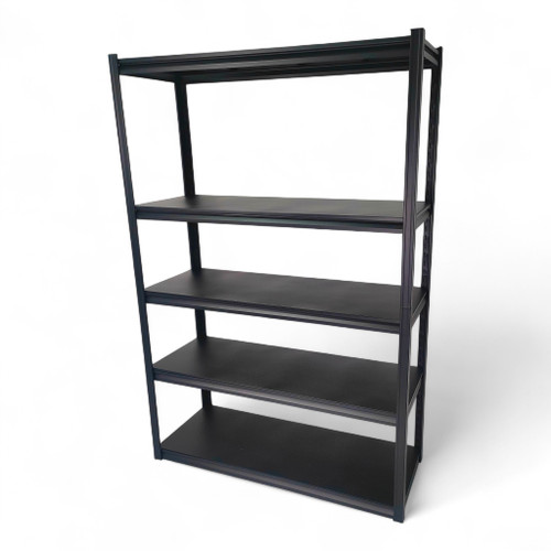 Heavy-Duty Boltless Steel Shelving Unit, Powder-Coated, Adjustable 5-Tier Rack, close product view on a white background, brightly lit product image