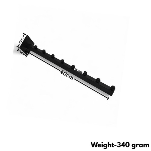 8 Ball Straight Wall-Fix Display Arm Black Steel Space-Saving Rail, dimension guide against a coloured background