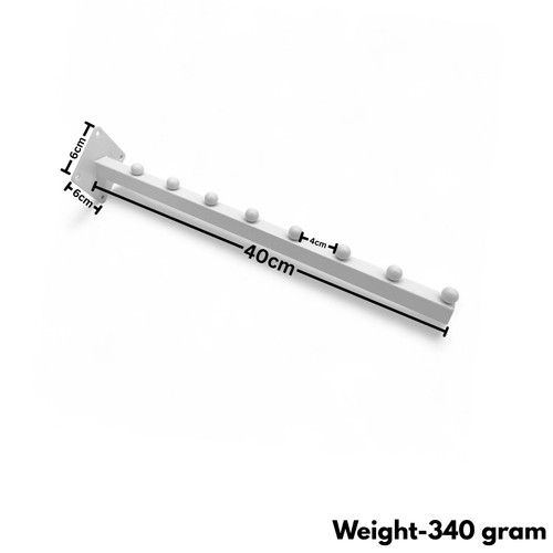 8 Ball Straight Wall-Fix Display Arm White Steel Space-Saving Rail, dimension guide against a coloured background