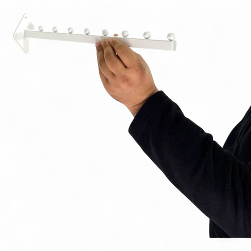 8 Ball Straight Wall-Fix Display Arm White Steel Space-Saving Rail, product shown against a coloured background
