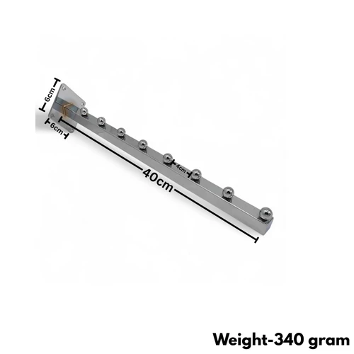 8 Ball Straight Wall-Fix Display Arm Chrome Steel Space-Saving Rail, dimension guide against a coloured background