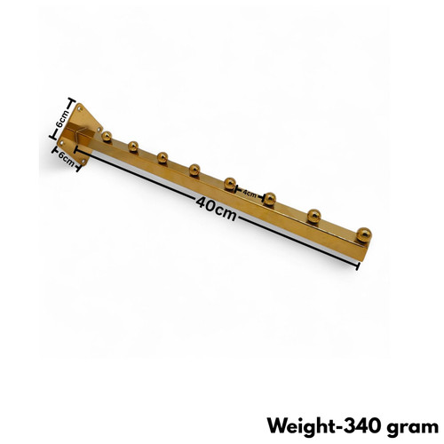 8 Ball Straight Wall-Fix Display Arm Golden Steel Space-Saving Rail, dimension guide against a coloured background