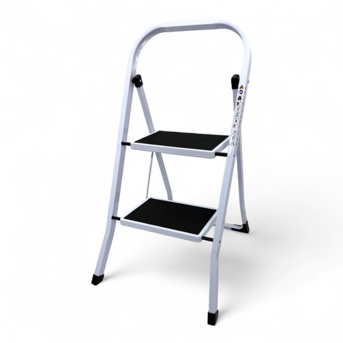 Heavy Duty Foldable 2 Step Steel Ladder with Non Slip Wide Treads 150kg Capacity, product shown on a white background