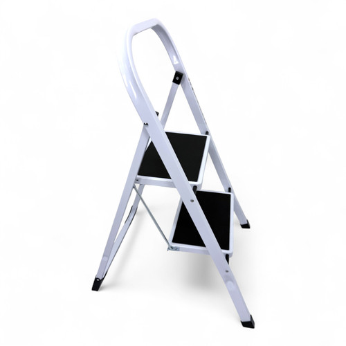 Heavy Duty Foldable 2 Step Steel Ladder with Non Slip Wide Treads 150kg Capacity, product shown on a white background, balanced, centred square layout