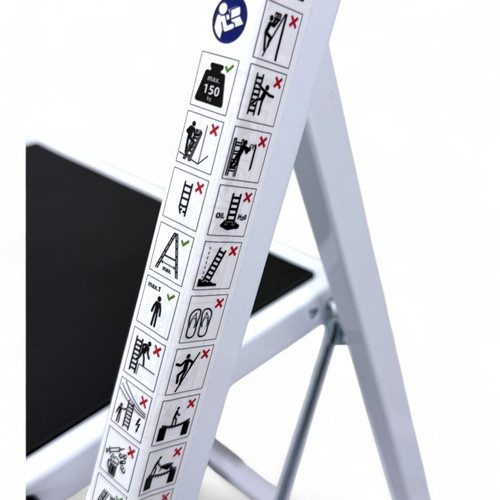 Heavy Duty Foldable 2 Step Steel Ladder with Non Slip Wide Treads 150kg Capacity, close product view against a light background