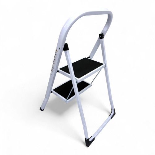 Heavy Duty Foldable 2 Step Steel Ladder with Non Slip Wide Treads 150kg Capacity, product shown on a white background, brightly lit product image