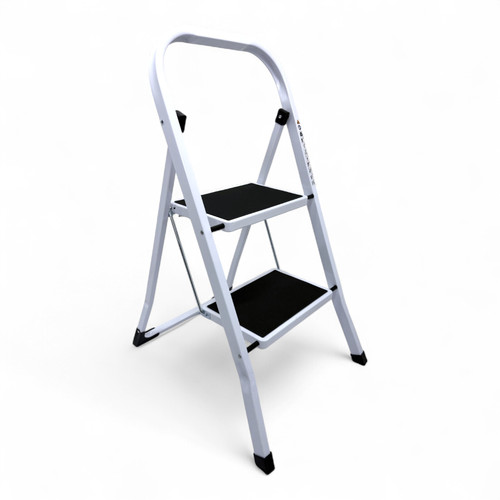Heavy Duty Foldable 2 Step Steel Ladder with Non Slip Wide Treads 150kg Capacity, product shown on a white background, full-height product photograph