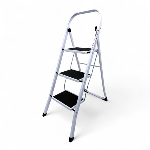 Heavy Duty Foldable 3 Step Steel Ladder with Non Slip Wide Treads 150kg Capacity