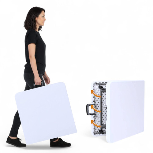 Folding White Trestle Table 180x70x74cm with Carry Handle Outdoor Events, product shown against a coloured background, balanced, left-balanced square layout