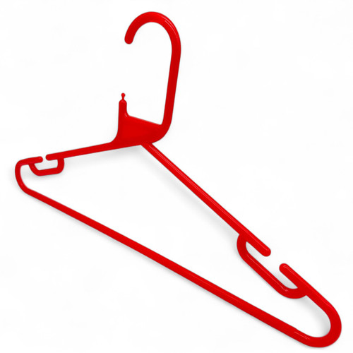 Red Heavy Duty 41.5cm Plastic Hangers with Trouser Bar and Shoulder Notches, product shown against a coloured background, balanced, centred square layout