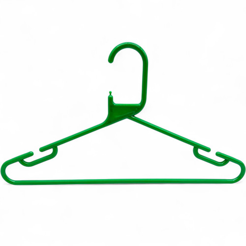 Green Heavy Duty 41.5cm Plastic Hangers with Trouser Bar and Shoulder Notches, product shown on a white background, balanced, centred square layout
