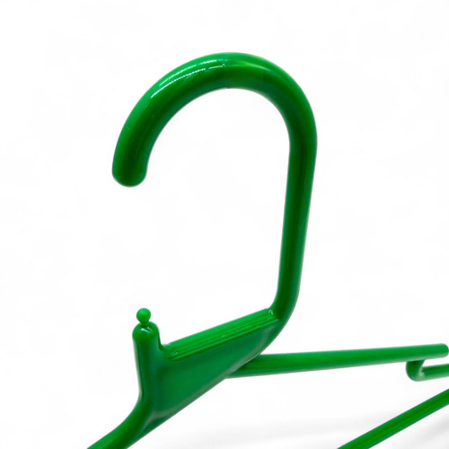 Green Heavy Duty 41.5cm Plastic Hangers with Trouser Bar and Shoulder Notches, close product view against a coloured background