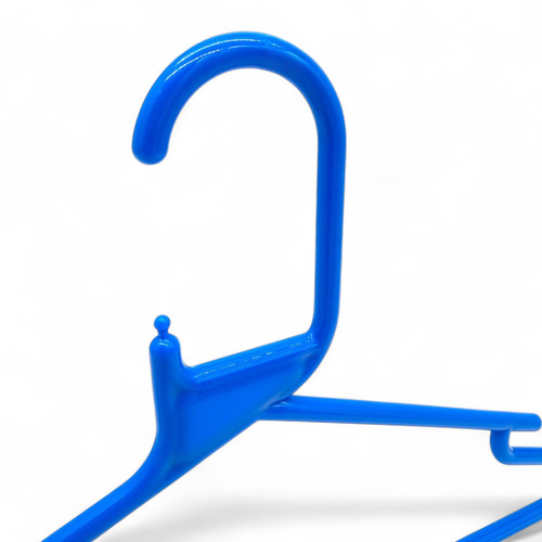Blue Heavy Duty 41.5cm Plastic Hangers with Trouser Bar and Shoulder Notches, product shown against a coloured background