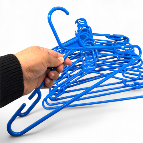 Blue Heavy Duty 41.5cm Plastic Hangers with Trouser Bar and Shoulder Notches, close product view against a coloured background