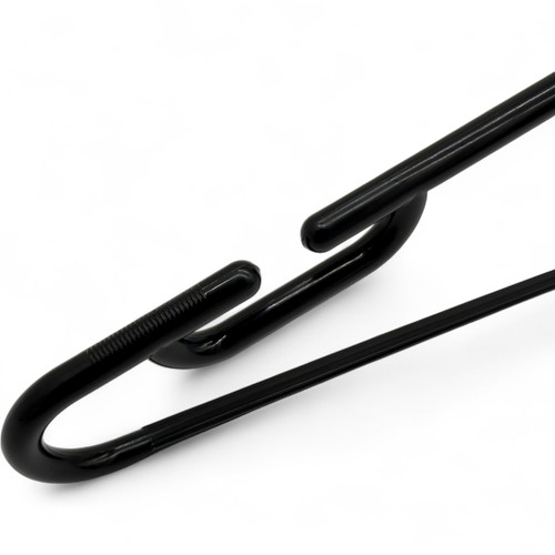 Black Heavy Duty 41.5cm Plastic Hangers with Trouser Bar and Shoulder Notches, close product view on a white background, tight, centred square layout